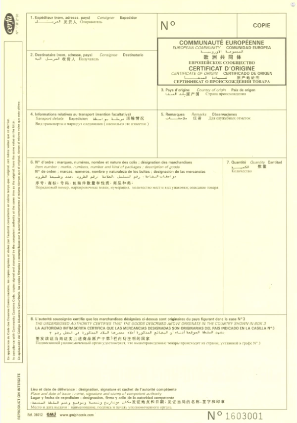 certificat d'origine